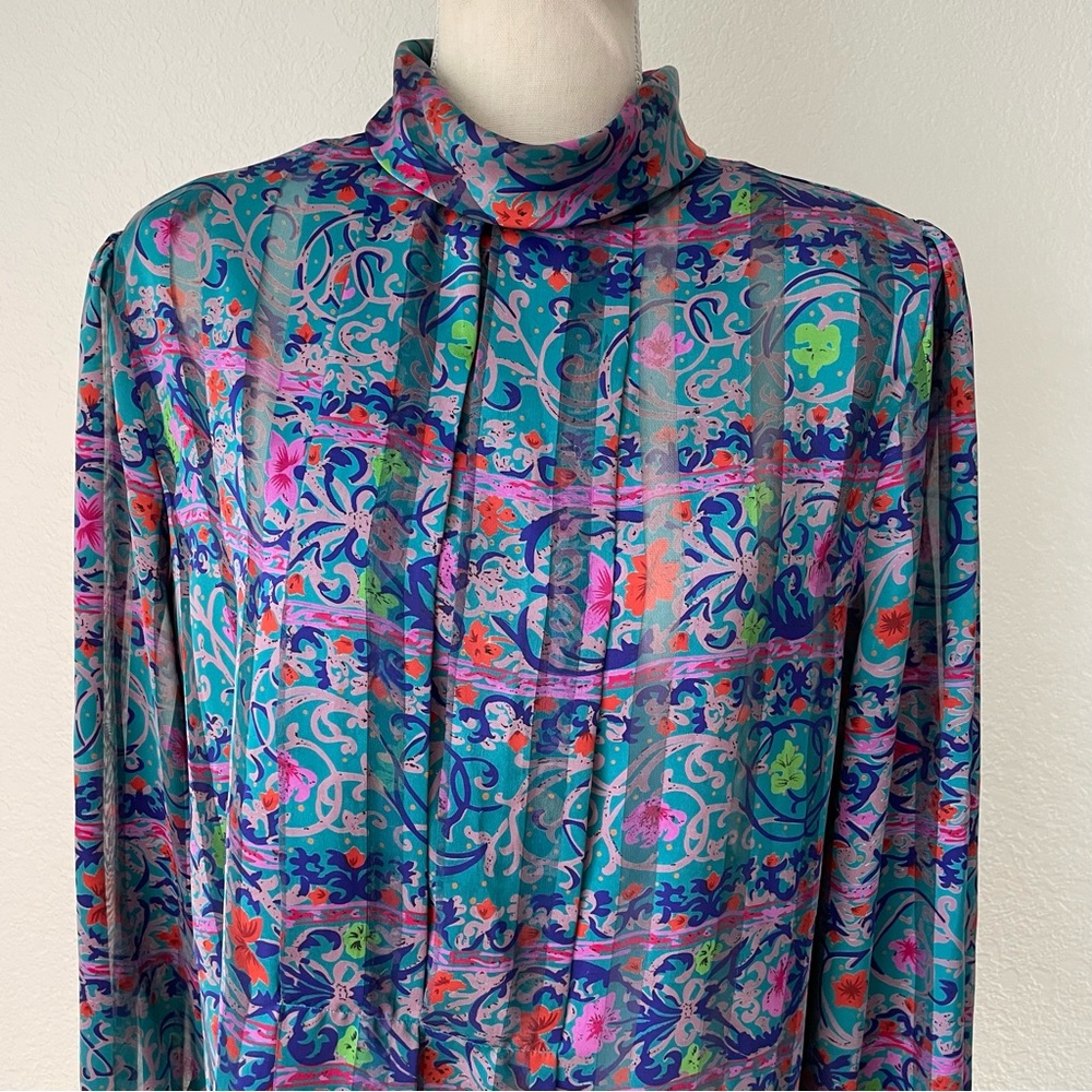 NICOLA AMAZING VINTAGE FLORAL MOCK NECK BUTTON DOWN BALOON SLEEVE BLOUSE TOP - Picture 14 of 16